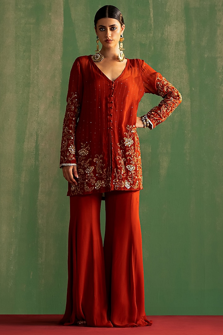 Rust Georgette Gharara Set by Studio Bagechaa at Pernia's Pop Up Shop