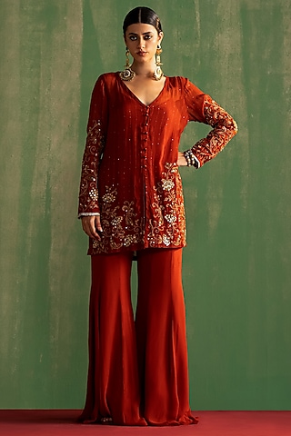 Rust Georgette Gharara Set by Studio Bagechaa