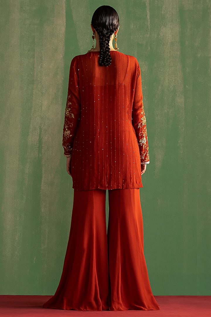 Rust Georgette Gharara Set by Studio Bagechaa at Pernia's Pop Up Shop