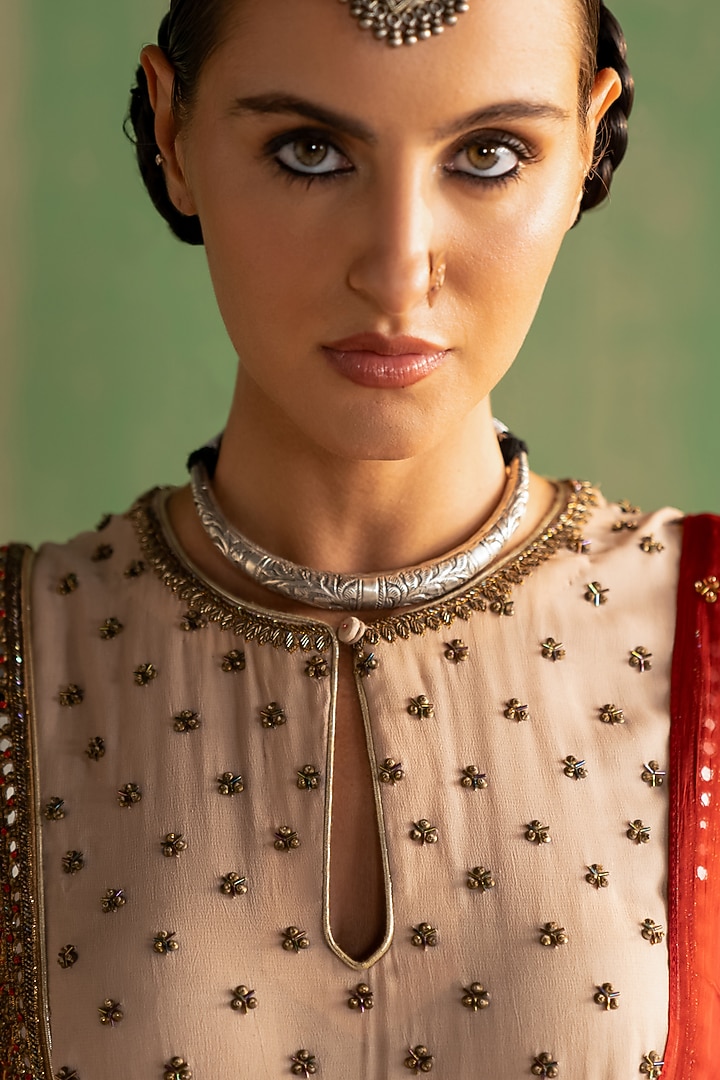 Snow White & Pink Georgette Hand Embroidered Wedding Anarkali Set by Studio Bagechaa at Pernia's Pop Up Shop