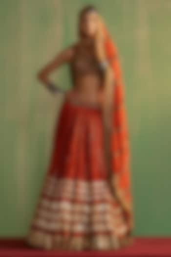 Rust Chanderi Lurex Hand Embroidered Wedding Lehenga Set by Studio Bagechaa at Pernia's Pop Up Shop