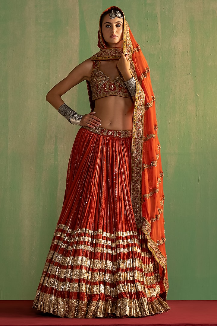 Rust Chanderi Lurex Hand Embroidered Wedding Lehenga Set by Studio Bagechaa at Pernia's Pop Up Shop