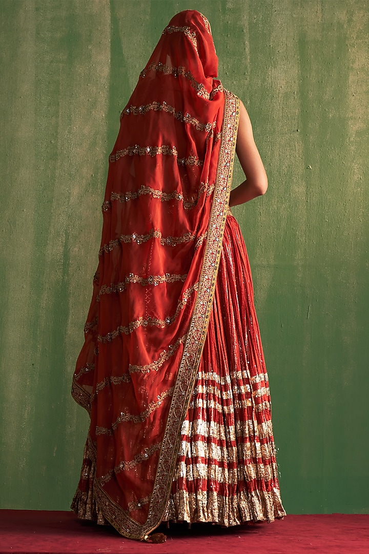 Rust Chanderi Lurex Hand Embroidered Wedding Lehenga Set by Studio Bagechaa at Pernia's Pop Up Shop
