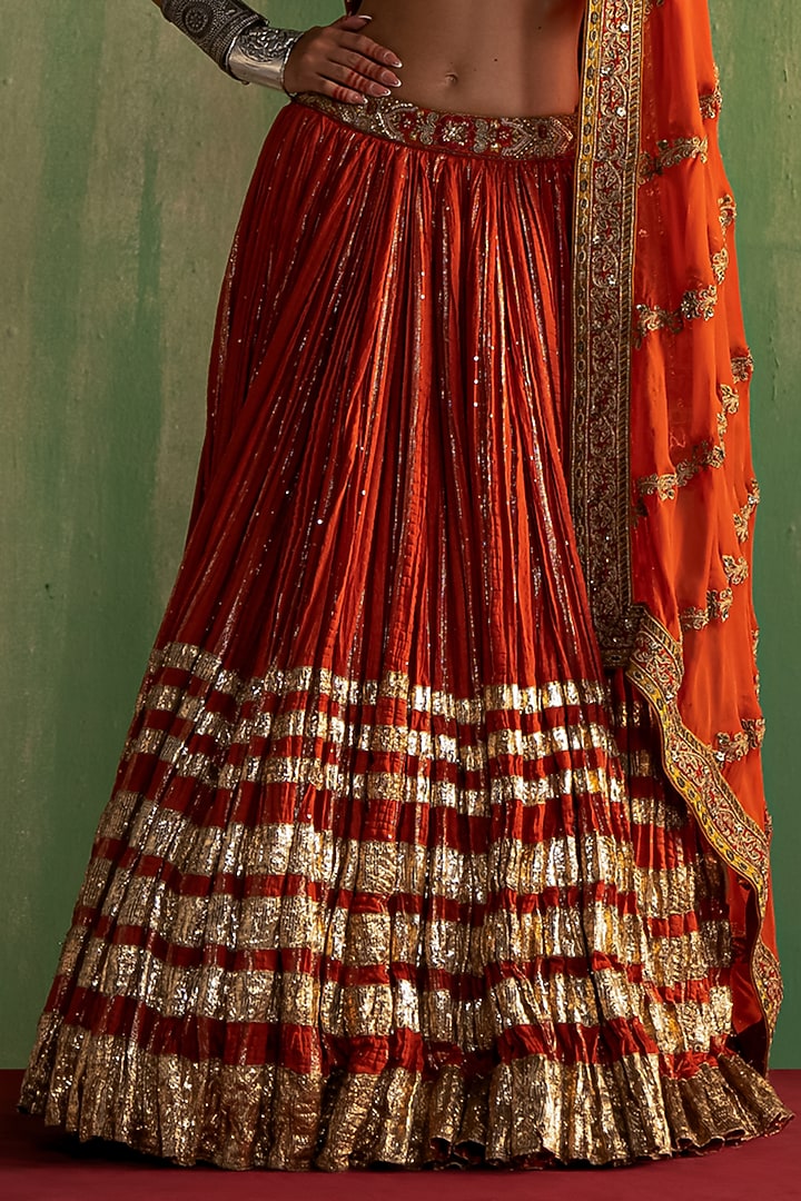 Rust Chanderi Lurex Hand Embroidered Wedding Lehenga Set by Studio Bagechaa at Pernia's Pop Up Shop