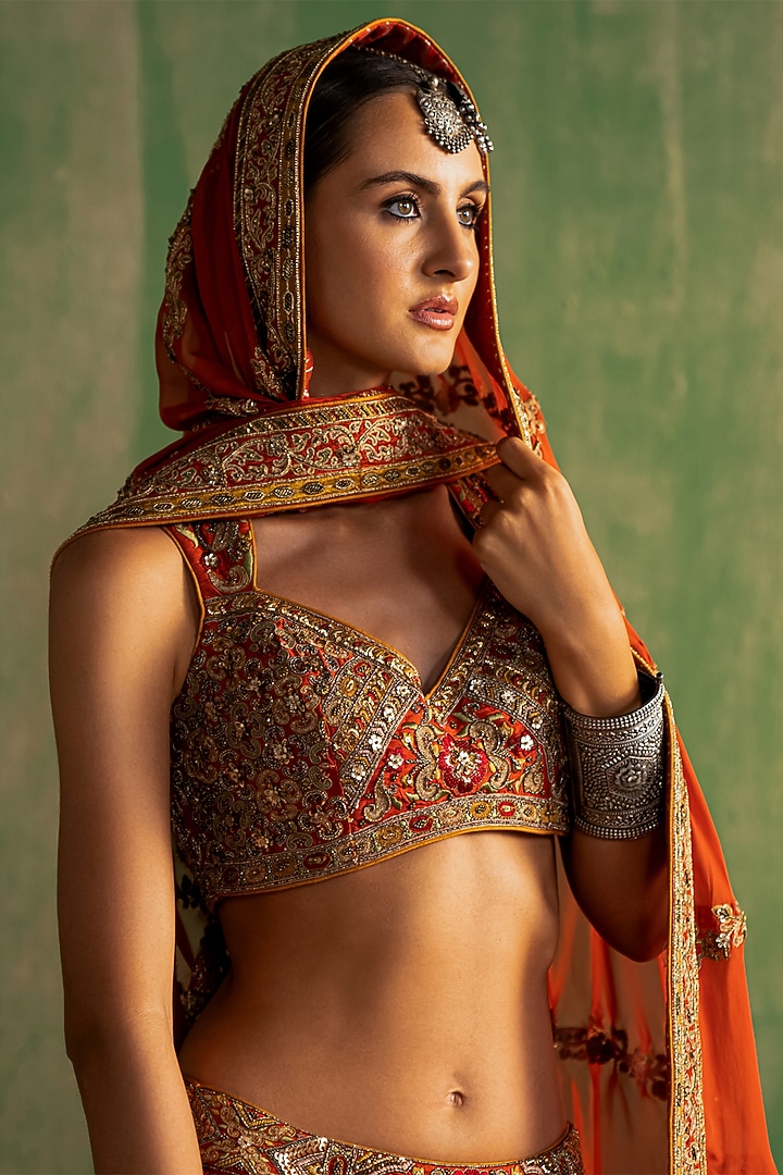 Rust Chanderi Lurex Hand Embroidered Wedding Lehenga Set by Studio Bagechaa at Pernia's Pop Up Shop