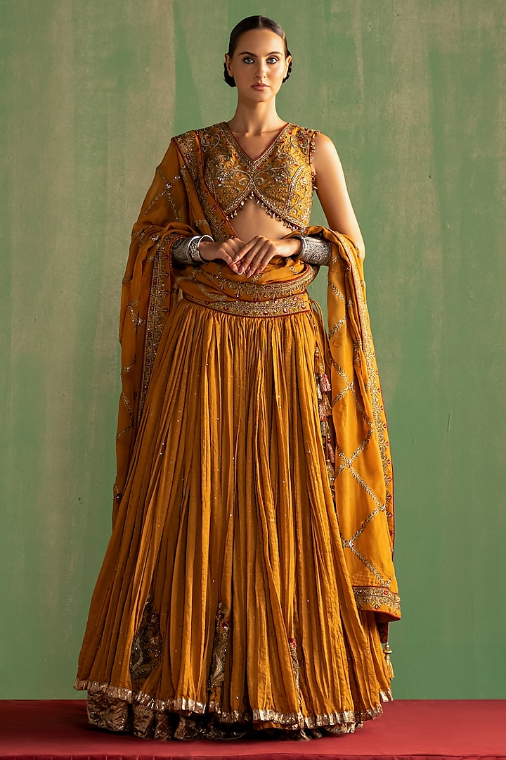 Mustard Sequins Chanderi Crushed Wedding Lehenga Set by Studio Bagechaa at Pernia's Pop Up Shop