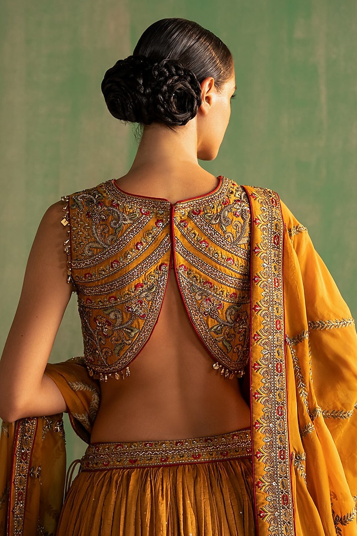Mustard Sequins Chanderi Crushed Wedding Lehenga Set by Studio Bagechaa at Pernia's Pop Up Shop