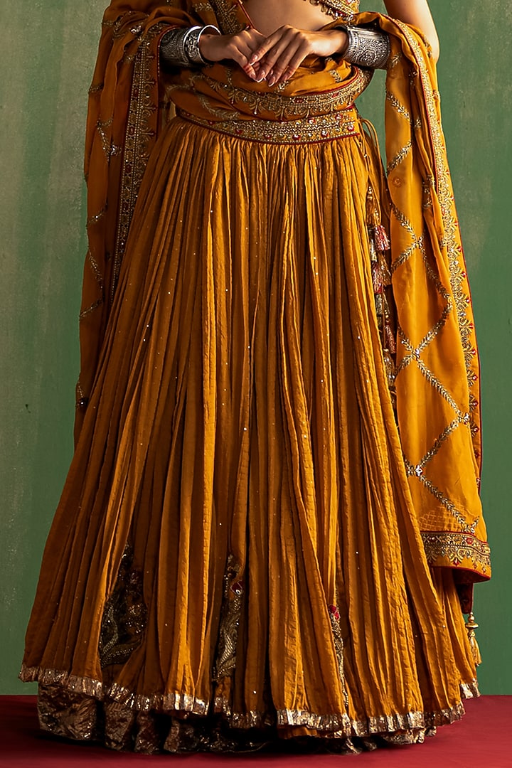 Mustard Sequins Chanderi Crushed Wedding Lehenga Set by Studio Bagechaa at Pernia's Pop Up Shop