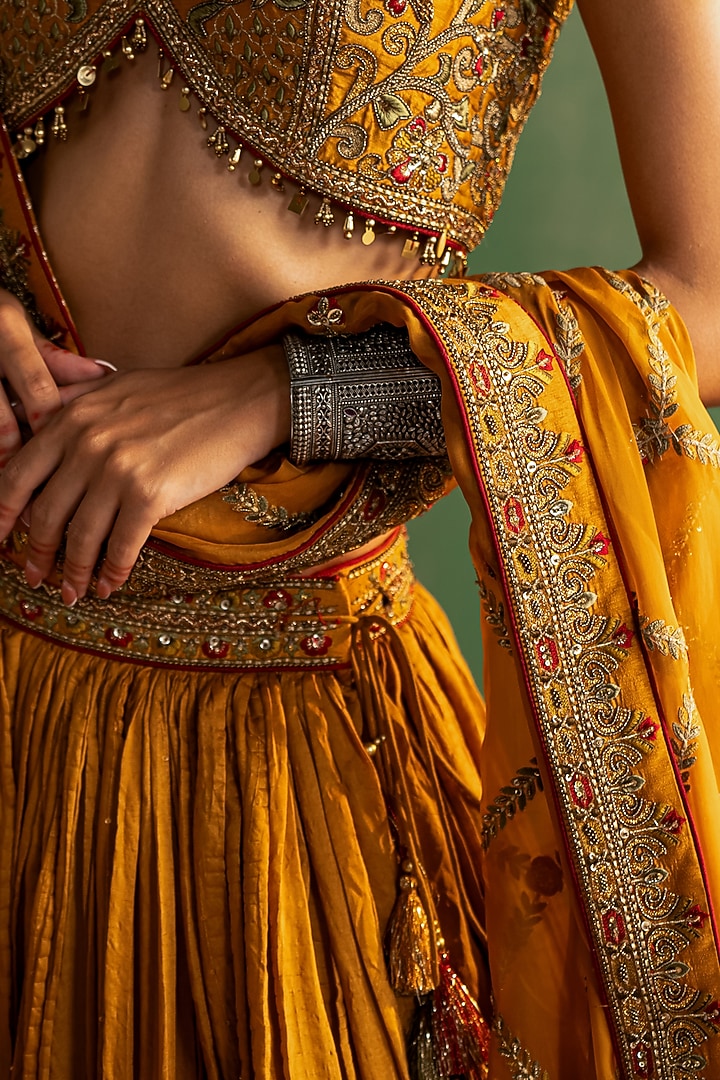Mustard Sequins Chanderi Crushed Wedding Lehenga Set by Studio Bagechaa at Pernia's Pop Up Shop