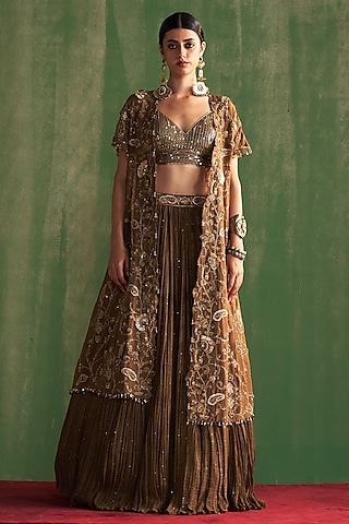 Brown Sequins Georgette Crushed Jacket Lehenga Set by Studio Bagechaa