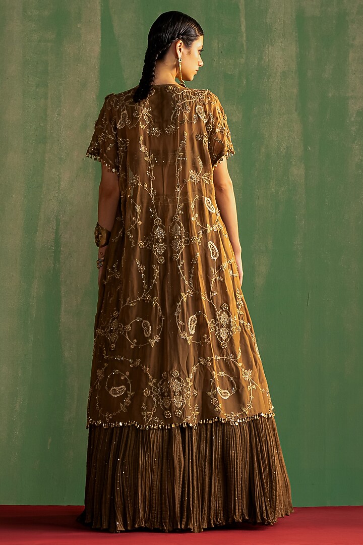 Brown Sequins Georgette Crushed Jacket Wedding Lehenga Set by Studio Bagechaa at Pernia's Pop Up Shop