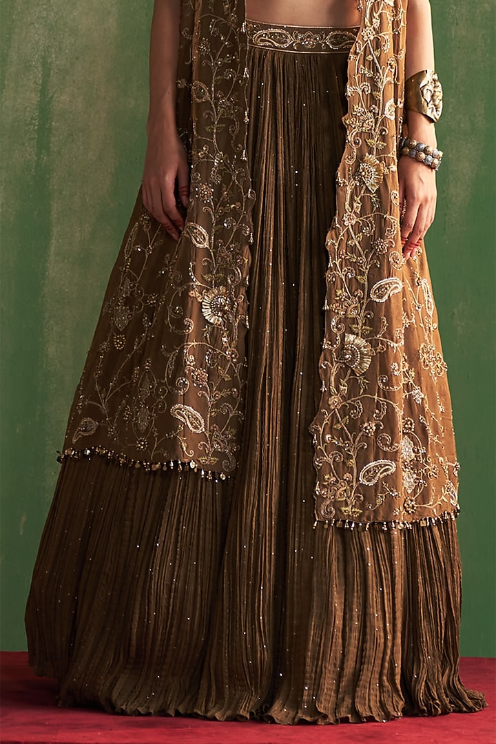 Brown Sequins Georgette Crushed Jacket Wedding Lehenga Set by Studio Bagechaa at Pernia's Pop Up Shop