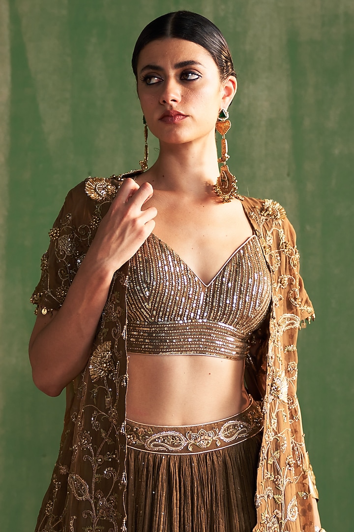 Brown Sequins Georgette Crushed Jacket Wedding Lehenga Set by Studio Bagechaa at Pernia's Pop Up Shop