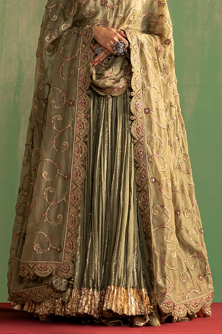 Green Chanderi Lurex Crushed Wedding Lehenga Set by Studio Bagechaa at Pernia's Pop Up Shop
