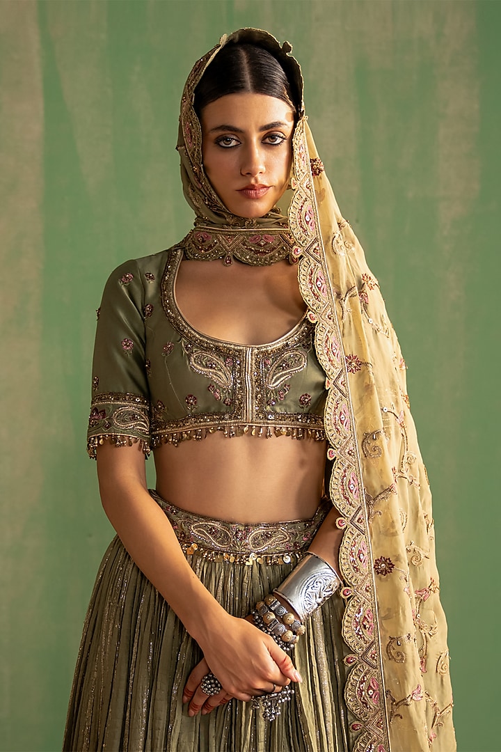 Green Chanderi Lurex Crushed Wedding Lehenga Set by Studio Bagechaa at Pernia's Pop Up Shop
