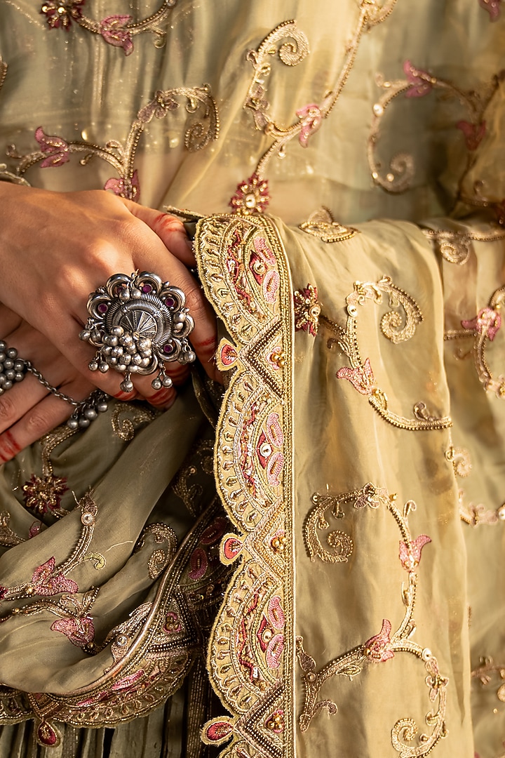 Green Chanderi Lurex Crushed Wedding Lehenga Set by Studio Bagechaa at Pernia's Pop Up Shop