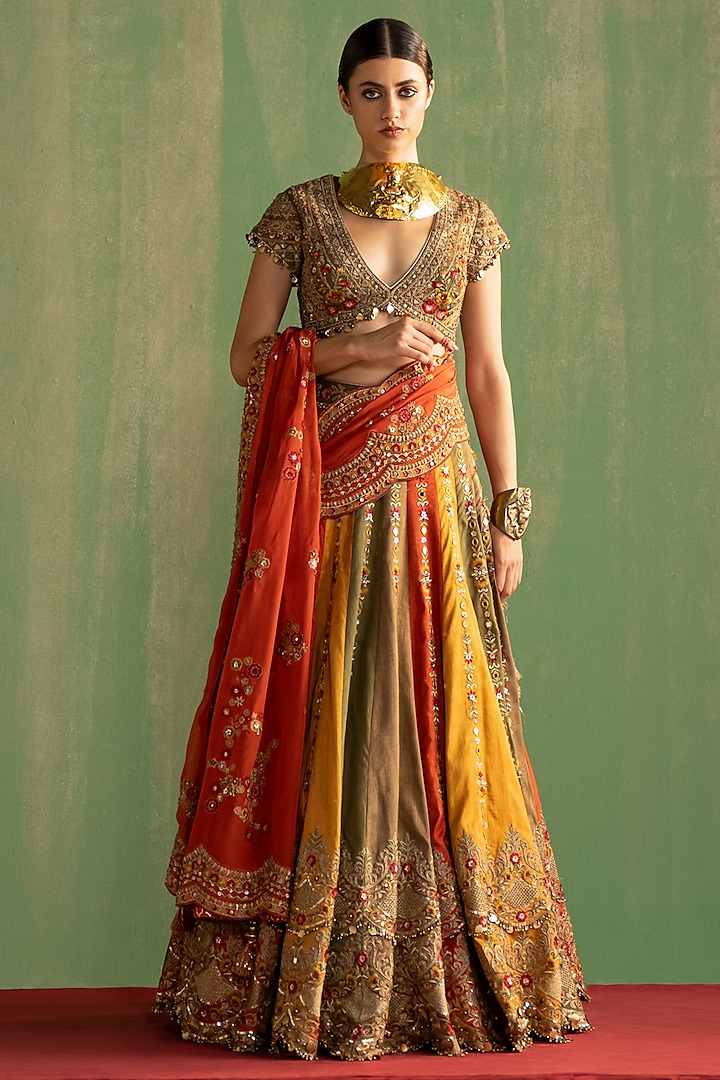 Multi-Colored Silk Cutdana & Sequins Hand Embroidered Bridal Lehenga Set by Studio Bagechaa at Pernia's Pop Up Shop