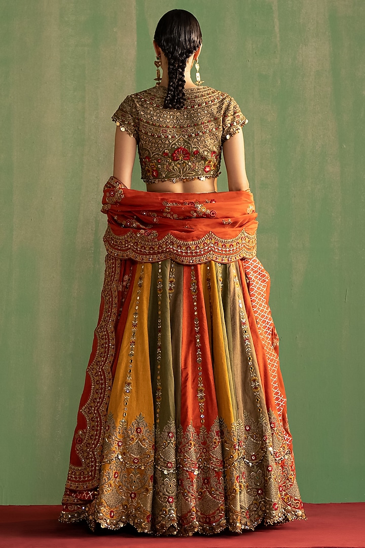Multi-Colored Silk Cutdana & Sequins Hand Embroidered Bridal Lehenga Set by Studio Bagechaa at Pernia's Pop Up Shop