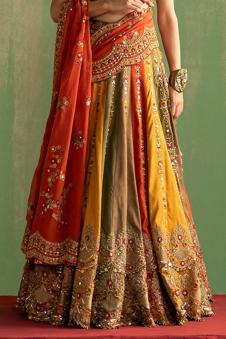Multi-Colored Silk Cutdana & Sequins Hand Embroidered Bridal Lehenga Set by Studio Bagechaa at Pernia's Pop Up Shop