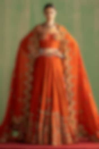 Rust Fine Silk Hand Embroidered Wedding Lehenga Set by Studio Bagechaa at Pernia's Pop Up Shop