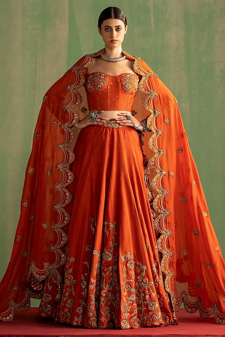 Rust Fine Silk Hand Embroidered Wedding Lehenga Set by Studio Bagechaa at Pernia's Pop Up Shop