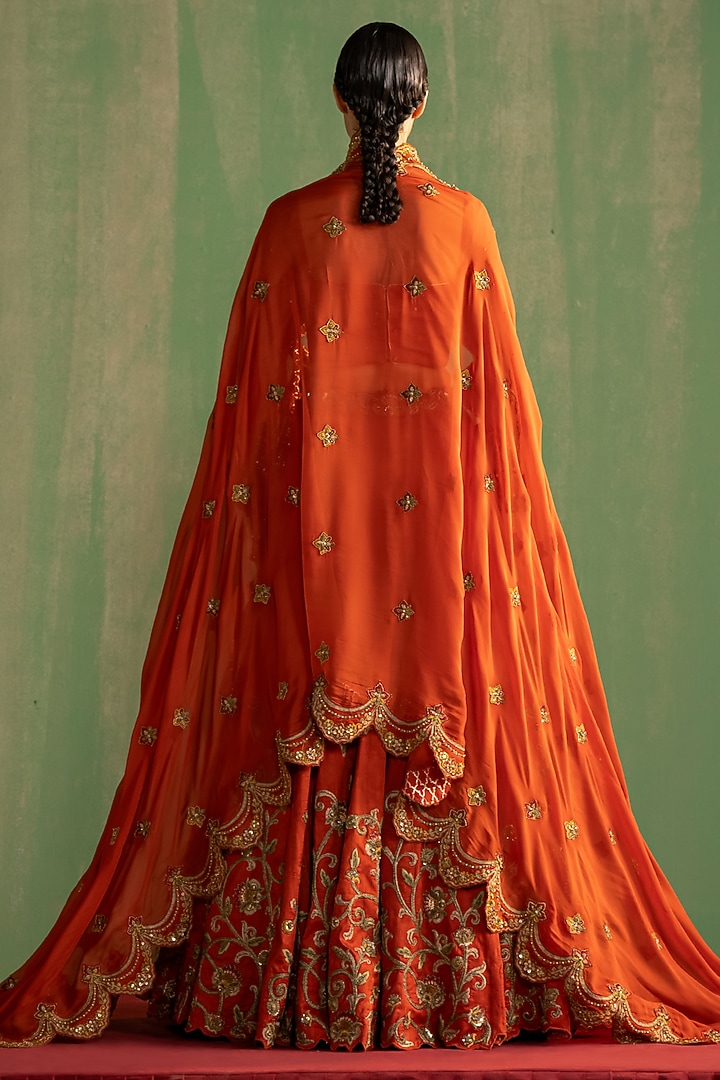 Rust Fine Silk Hand Embroidered Wedding Lehenga Set by Studio Bagechaa at Pernia's Pop Up Shop