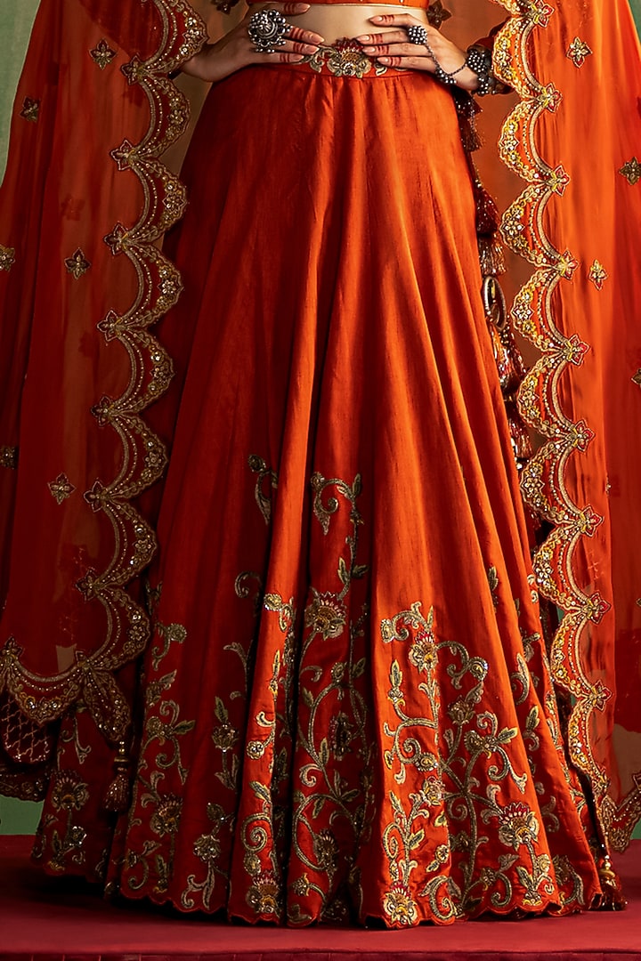 Rust Fine Silk Hand Embroidered Wedding Lehenga Set by Studio Bagechaa at Pernia's Pop Up Shop