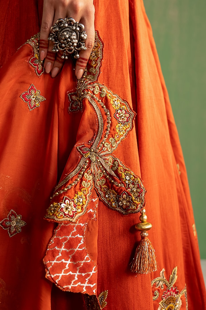 Rust Fine Silk Hand Embroidered Wedding Lehenga Set by Studio Bagechaa at Pernia's Pop Up Shop