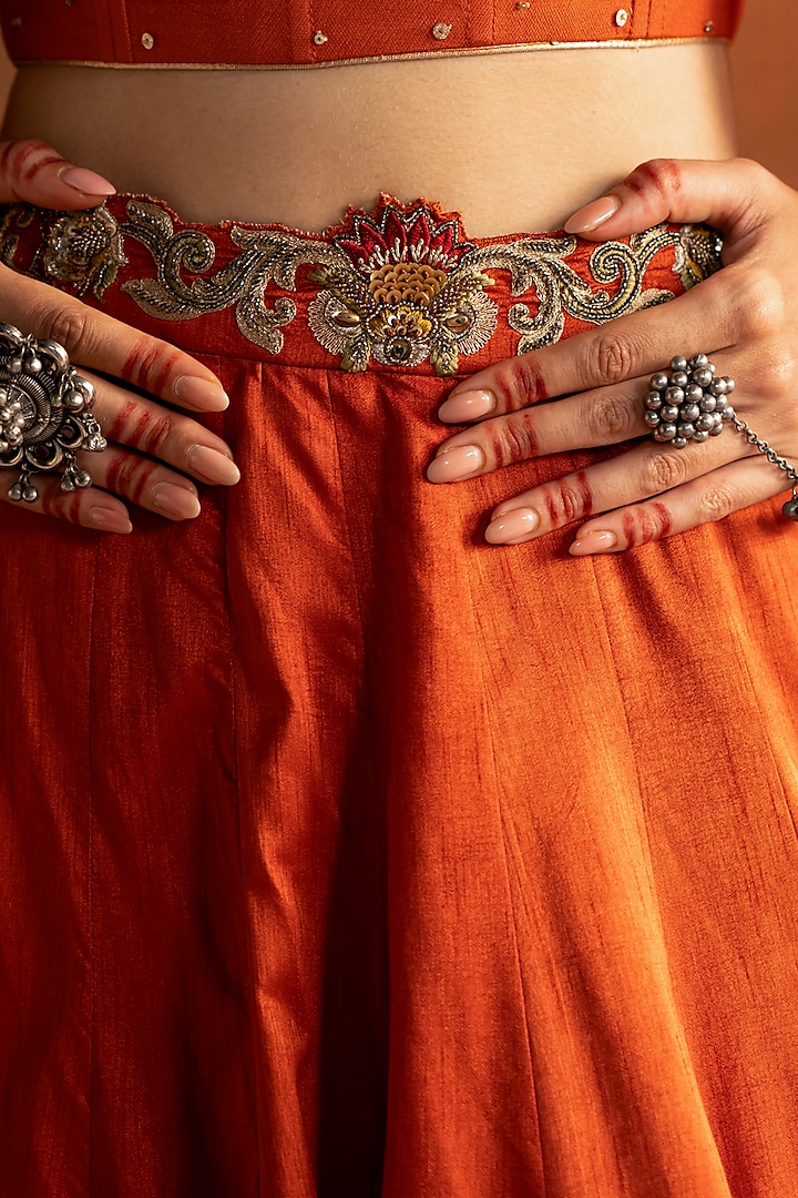 Rust Fine Silk Hand Embroidered Wedding Lehenga Set by Studio Bagechaa at Pernia's Pop Up Shop