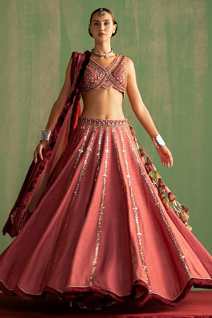 Mauve Pink Fine Silk Sequins & Metal Hand Embellished Wedding Lehenga Set by Studio Bagechaa at Pernia's Pop Up Shop