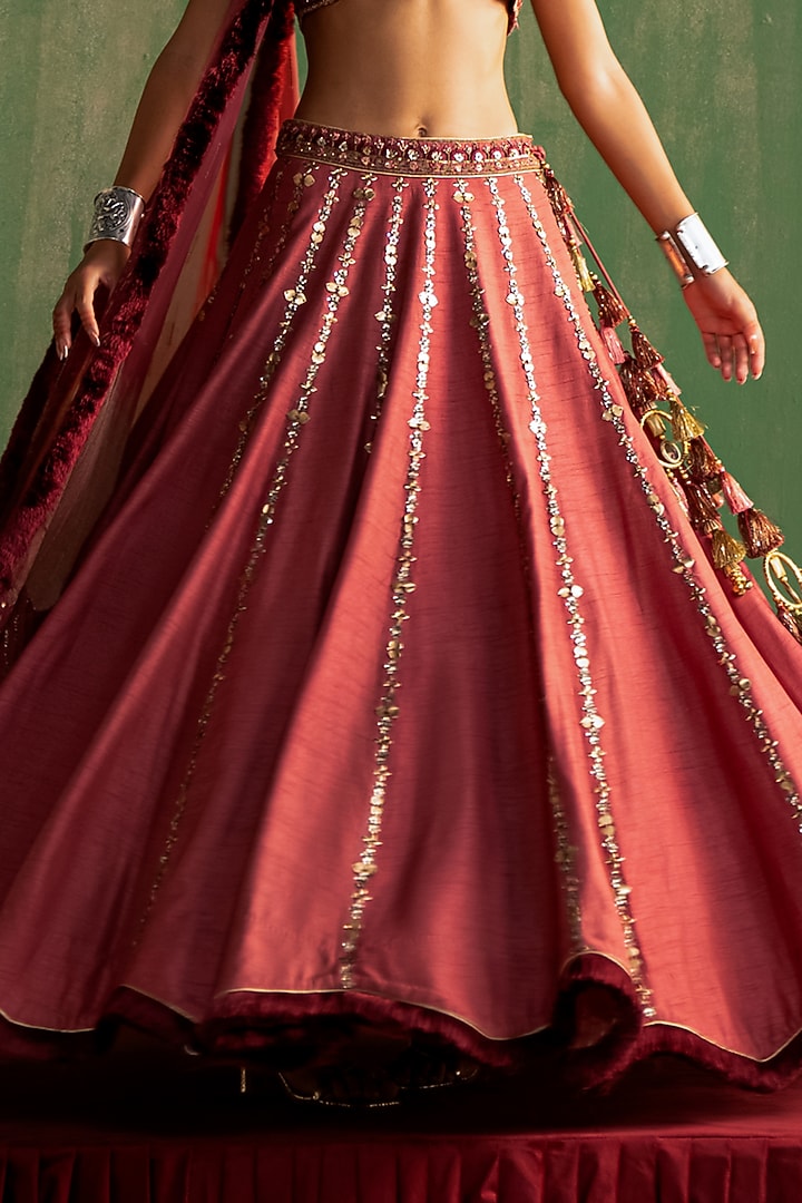 Mauve Pink Fine Silk Sequins & Metal Hand Embellished Wedding Lehenga Set by Studio Bagechaa at Pernia's Pop Up Shop