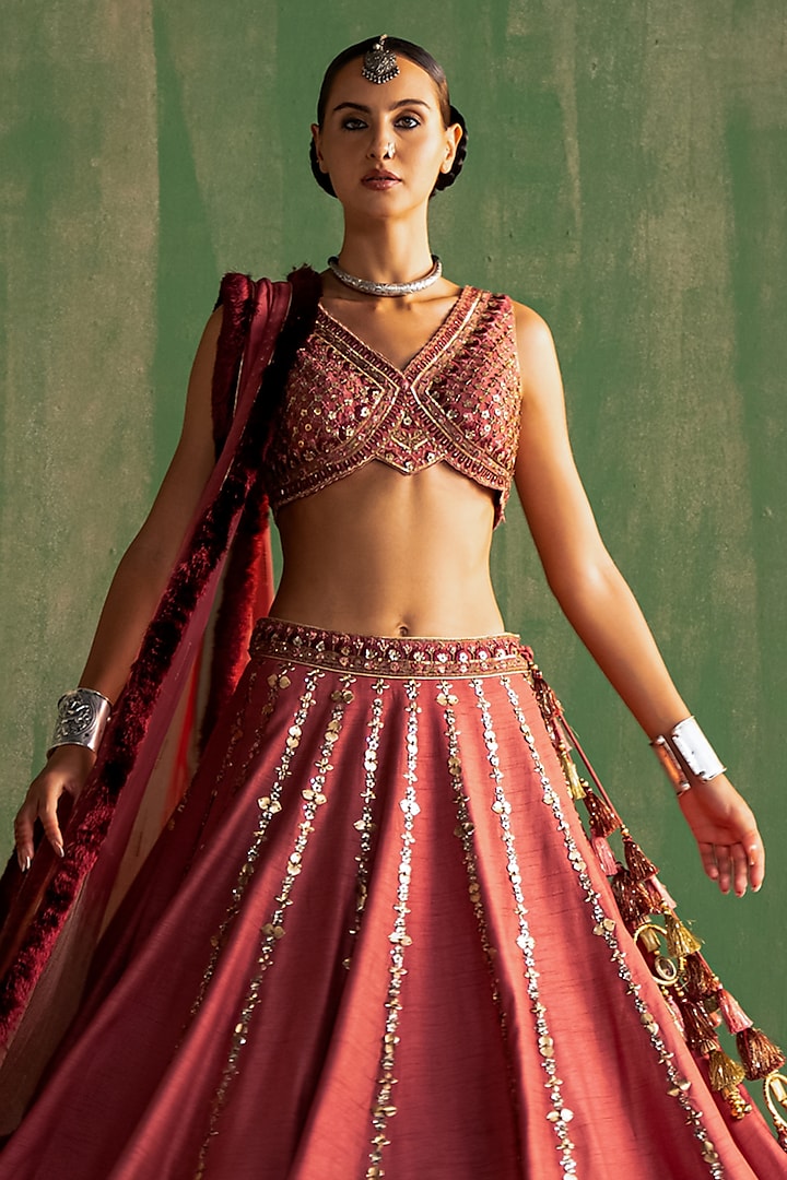 Mauve Pink Fine Silk Sequins & Metal Hand Embellished Wedding Lehenga Set by Studio Bagechaa at Pernia's Pop Up Shop