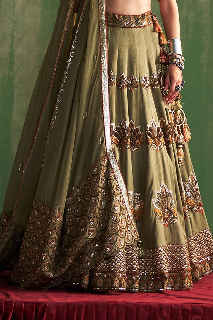 Green Fine Silk Hand Embroidered Bridal Lehenga Set by Studio Bagechaa at Pernia's Pop Up Shop