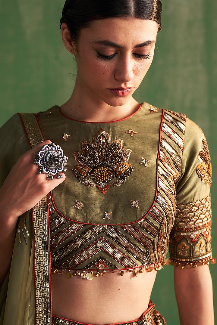 Green Fine Silk Hand Embroidered Bridal Lehenga Set by Studio Bagechaa at Pernia's Pop Up Shop