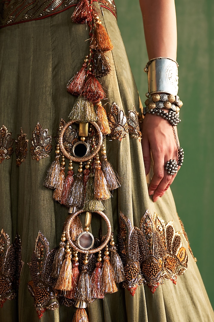 Green Fine Silk Hand Embroidered Bridal Lehenga Set by Studio Bagechaa at Pernia's Pop Up Shop