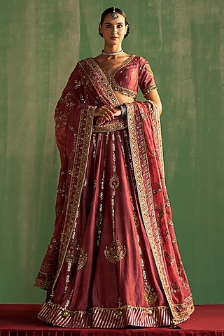 Mauve Pink Fine Silk Sequins Hand Embellished Lehenga Set by Studio Bagechaa