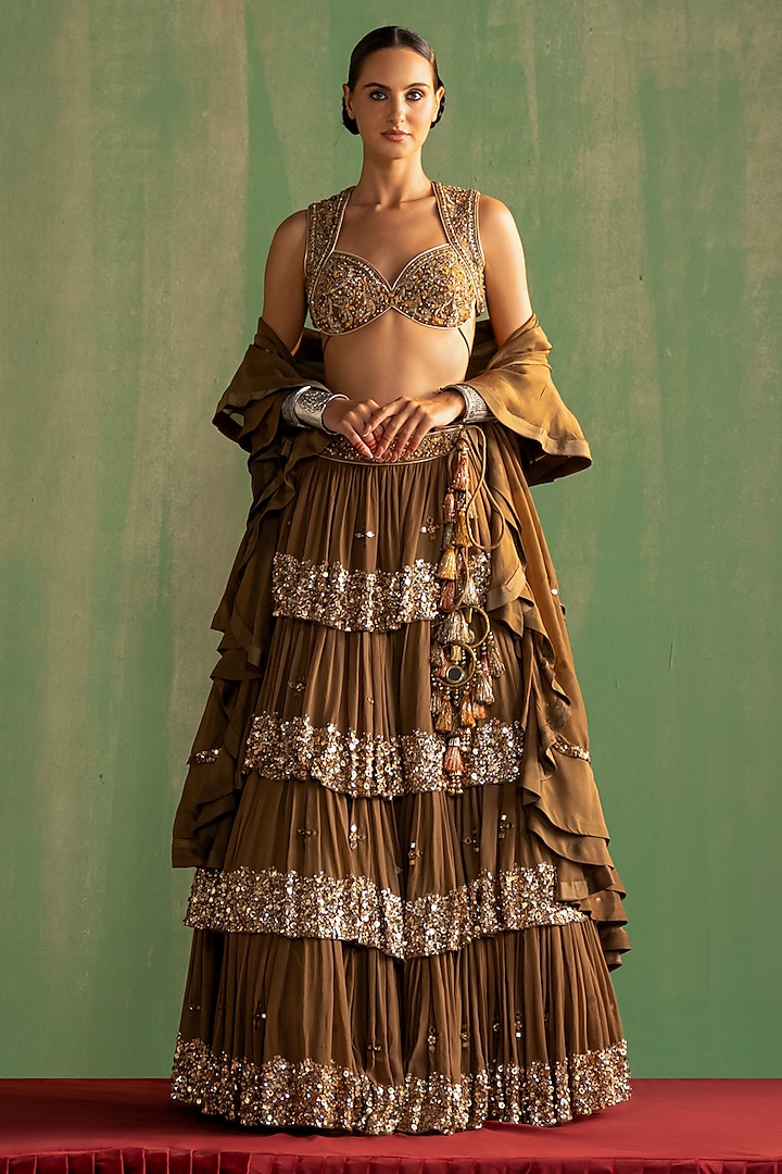 Brown Georgette Hand Embroidered Wedding Lehenga Set by Studio Bagechaa at Pernia's Pop Up Shop