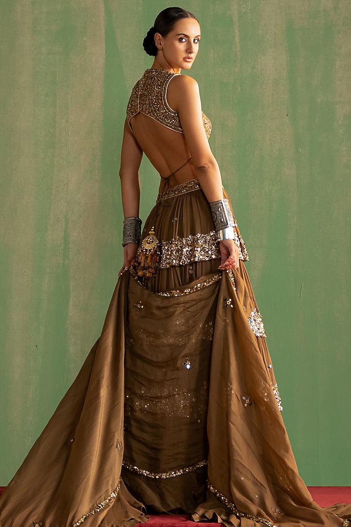 Brown Georgette Hand Embroidered Wedding Lehenga Set by Studio Bagechaa at Pernia's Pop Up Shop
