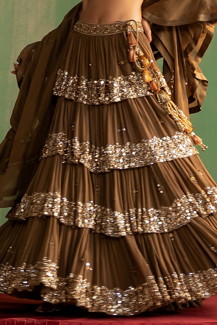 Brown Georgette Hand Embroidered Wedding Lehenga Set by Studio Bagechaa at Pernia's Pop Up Shop