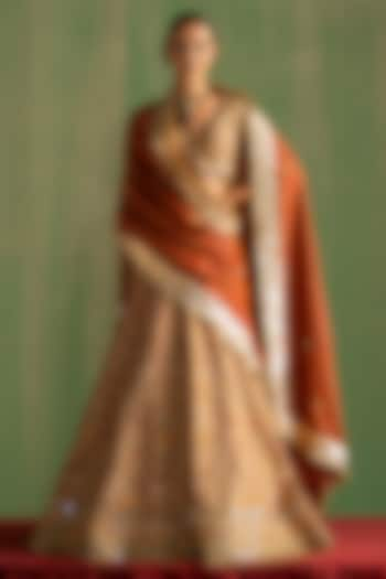 Beige Silk & Chanderi Gota Patti Work Wedding Lehenga Set by Studio Bagechaa at Pernia's Pop Up Shop