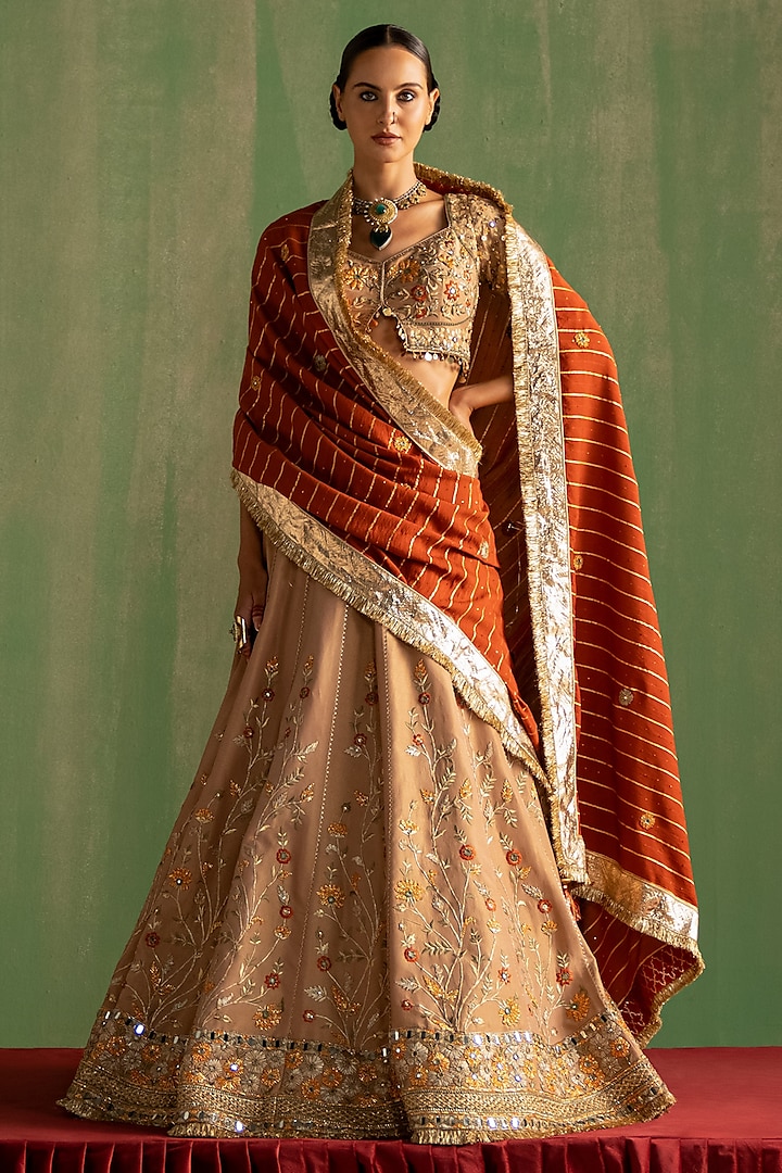 Beige Silk & Chanderi Gota Patti Work Wedding Lehenga Set by Studio Bagechaa at Pernia's Pop Up Shop