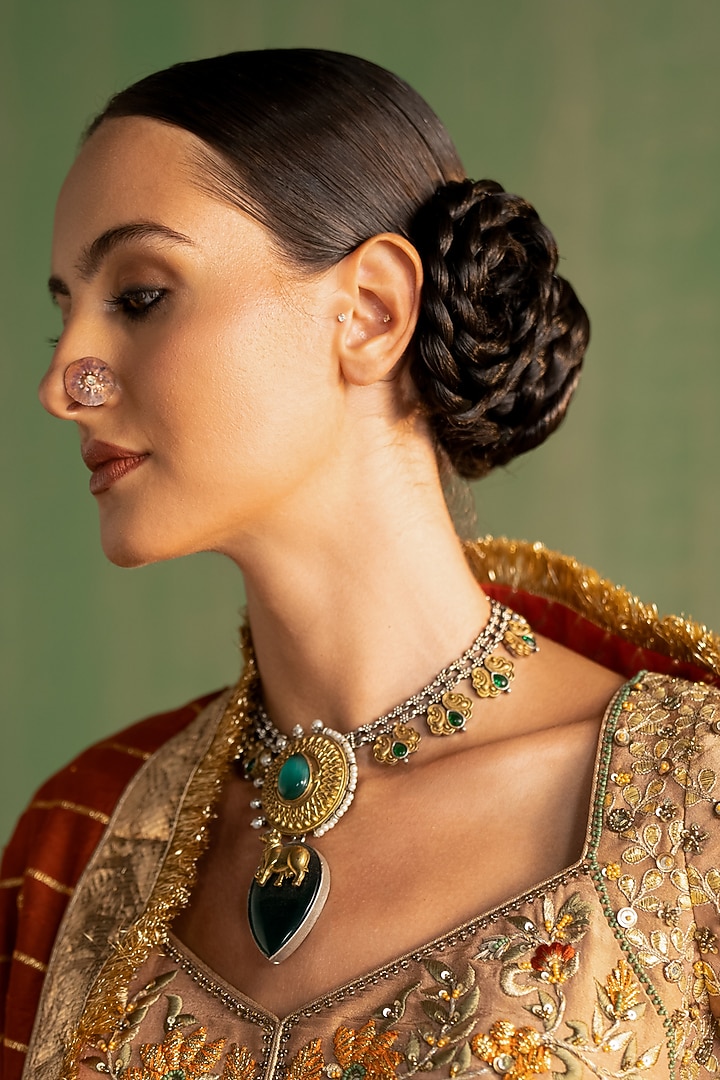 Beige Silk & Chanderi Gota Patti Work Wedding Lehenga Set by Studio Bagechaa at Pernia's Pop Up Shop