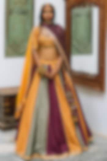 Multi-Colored Silk Chanderi Gota Leheriya Embroidered Wedding Lehenga Set by Studio Bagechaa at Pernia's Pop Up Shop