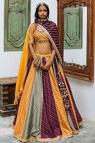 Multi-Colored Silk Chanderi Gota Leheriya Embroidered Lehenga Set by Studio Bagechaa