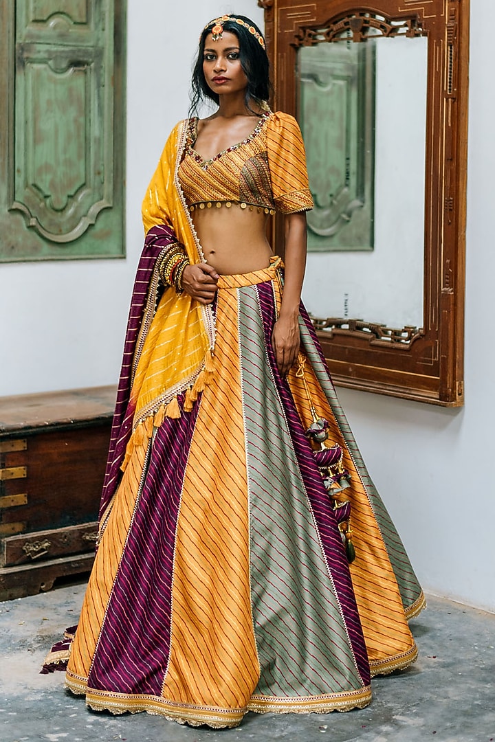 Multi-Colored Silk Chanderi Gota Leheriya Embroidered Wedding Lehenga Set by Studio Bagechaa at Pernia's Pop Up Shop