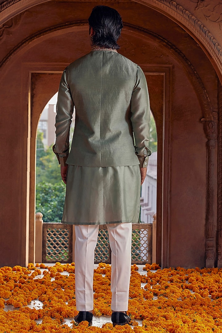 Sage Green Chanderi Hand Embroidered Nehru Jacket Set by Studio Bagechaa Men at Pernia's Pop Up Shop