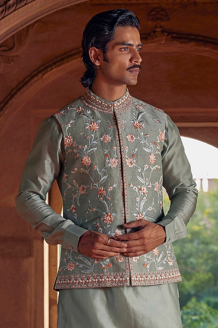 Sage Green Chanderi Hand Embroidered Nehru Jacket Set by Studio Bagechaa Men at Pernia's Pop Up Shop