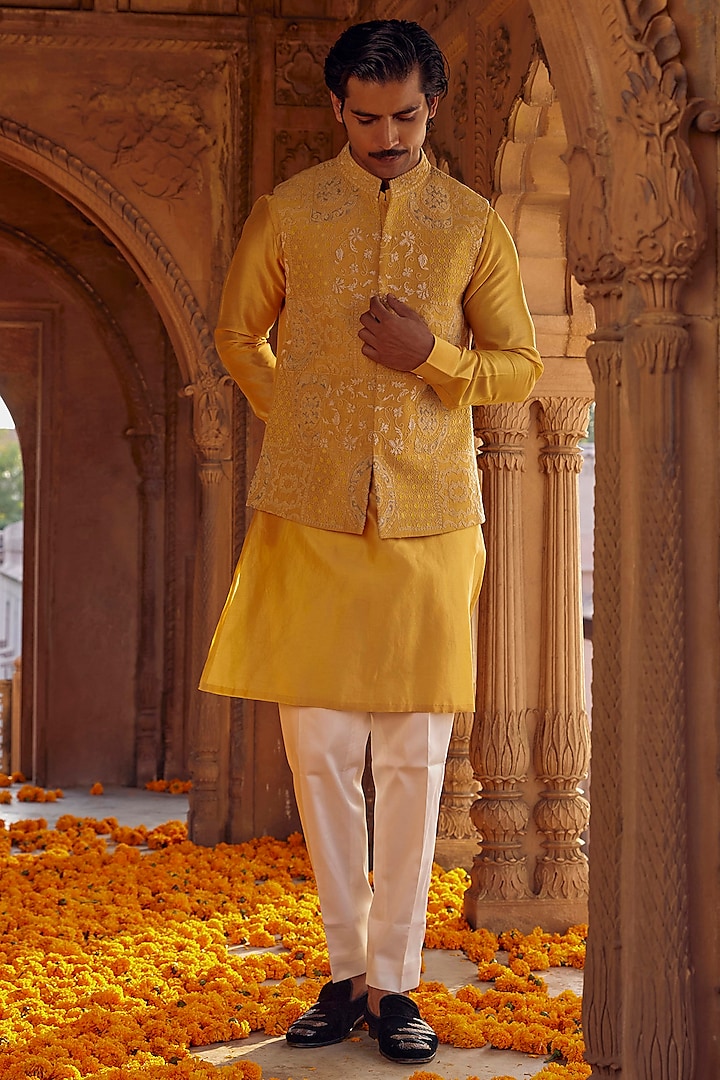 Yellow Chanderi Hand Embroidered Nehru Jacket Set by Studio Bagechaa Men