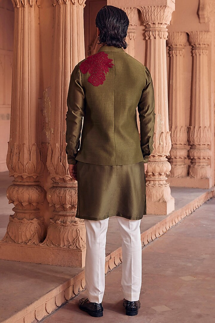 Olive Green Chanderi Hand Embroidered Nehru Jacket Set by Studio Bagechaa Men at Pernia's Pop Up Shop
