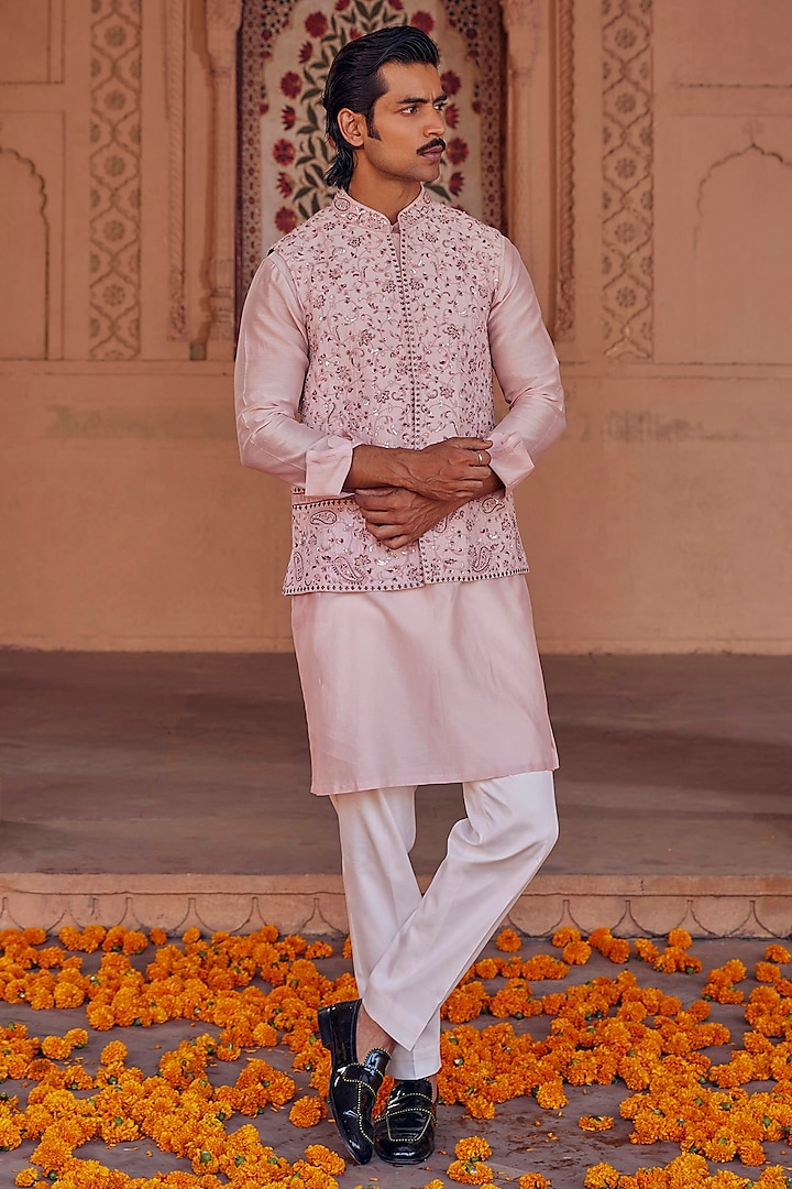 Rose Pink Chanderi Hand Embroidered Nehru Jacket Set by Studio Bagechaa Men